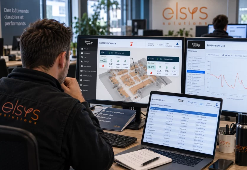 Opérateur ELSYS devant plusieurs écrans de supervision affichant le plan et les indicateurs techniques d’une galerie commerciale.
