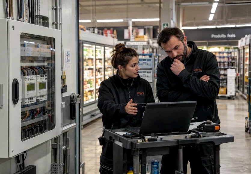 Deux techniciens ELSYS consultent un ordinateur à côté d’un tableau électrique dans un magasin.