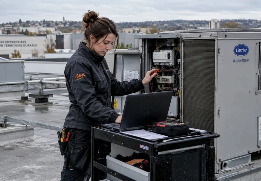 Technicienne ELSYS contrôlant un équipement de climatisation en toiture avec un ordinateur et des instruments de mesure.