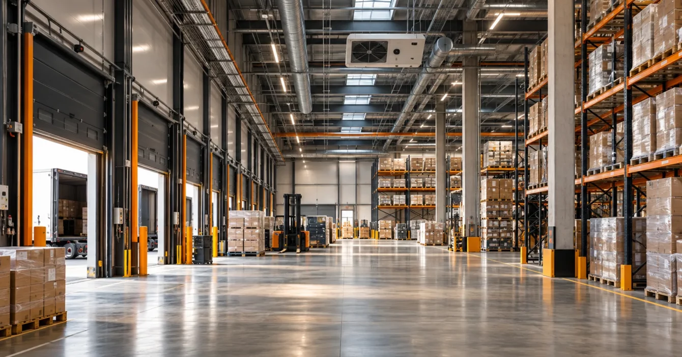 Entrepôt logistique moderne avec quais, rayonnages et installations techniques