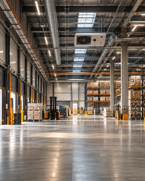 Entrepôt logistique moderne avec quais, rayonnages et installations techniques