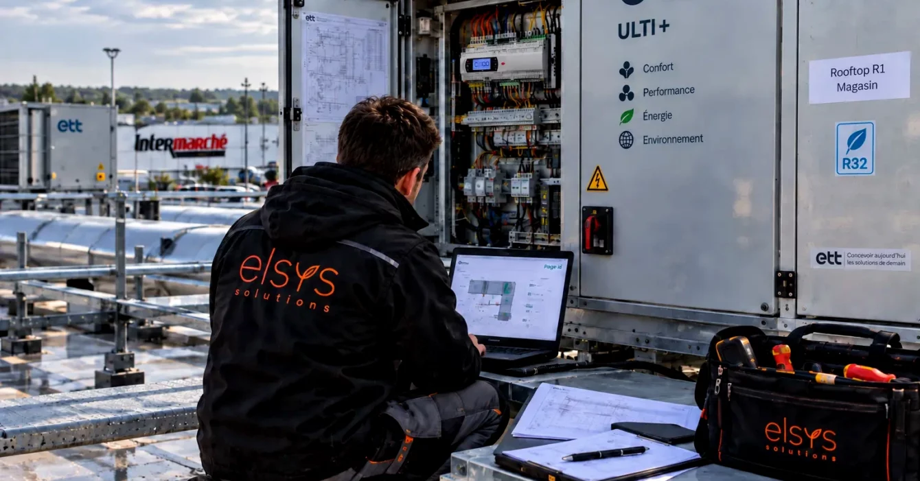 Technicien ELSYS configurant un équipement de traitement d’air en toiture à l’aide d’un ordinateur portable.