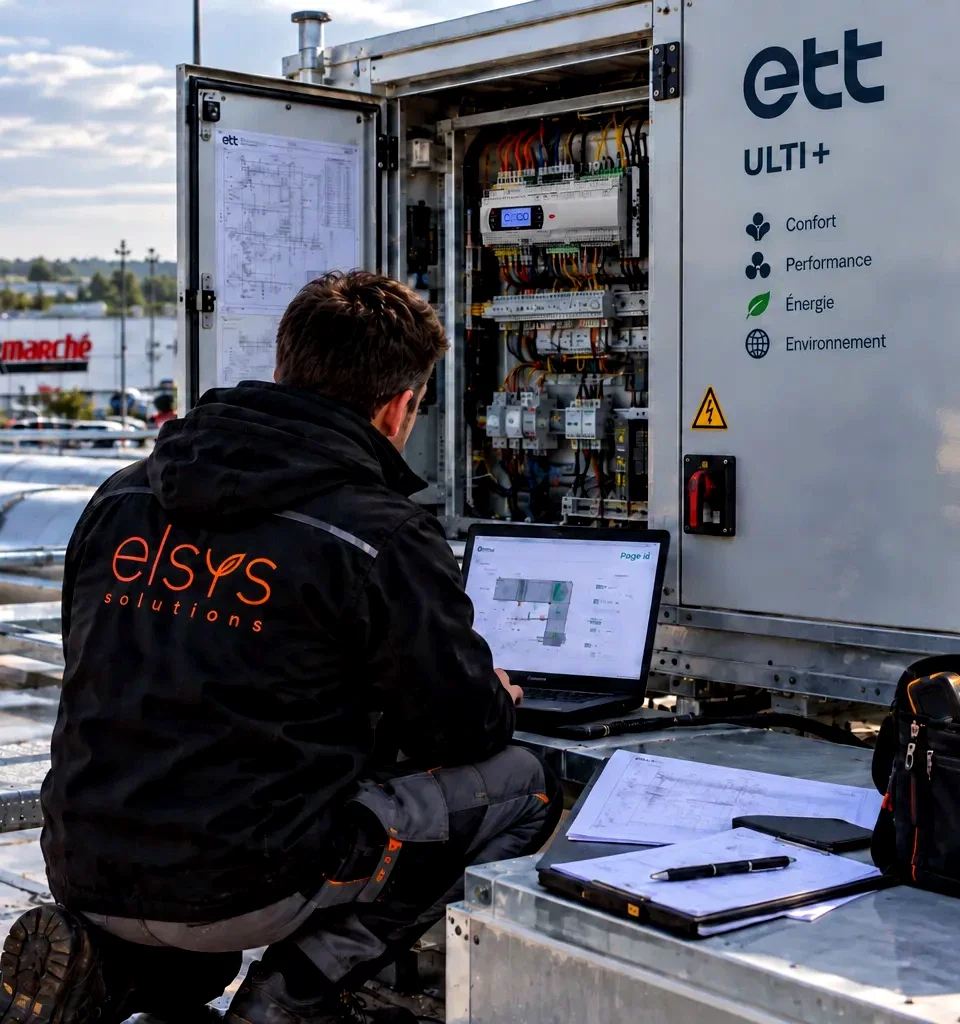 Technicien ELSYS configurant un équipement de traitement d’air en toiture à l’aide d’un ordinateur portable.