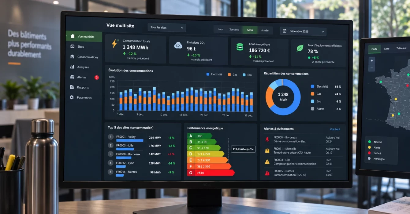 Tableau de bord énergétique multi-sites affichant des consommations, des graphiques de répartition et des alertes.
