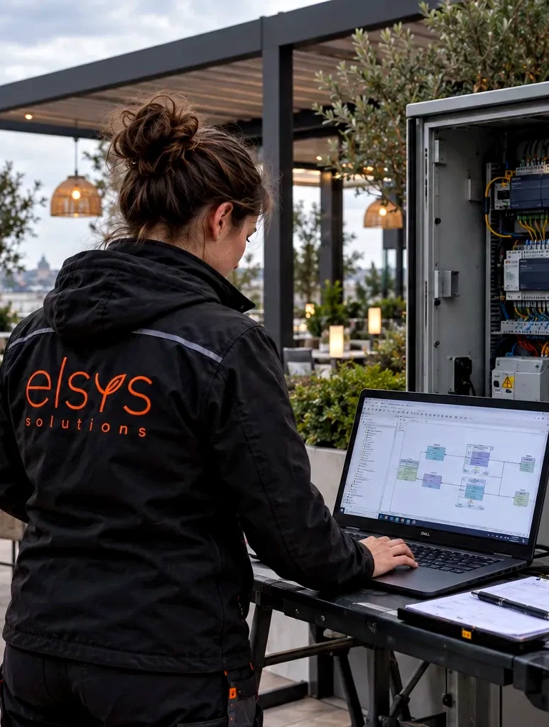 Technicienne ELSYS configurant des automates depuis un ordinateur portable devant une armoire électrique.