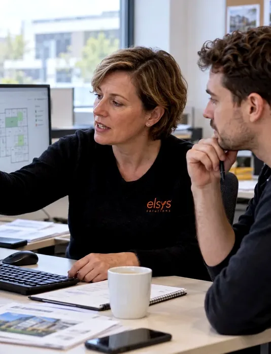 Deux collaborateurs ELSYS analysant des plans de bâtiment et des données sur un écran.